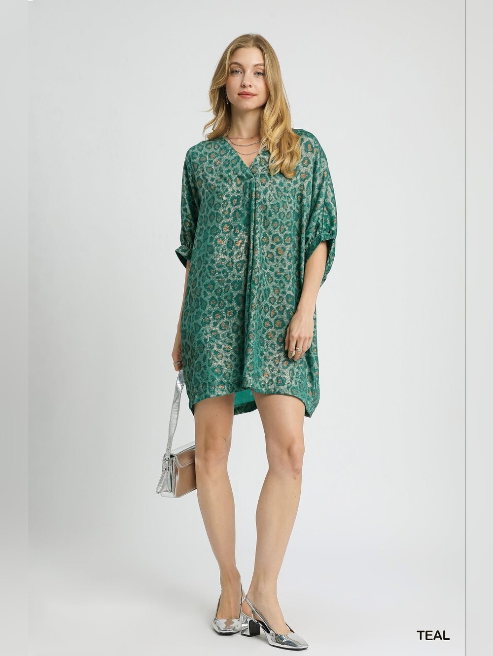 Umgee Metallic Leopard Print V-Neck Kimono Dress- TEAL - Picture 5 of 7